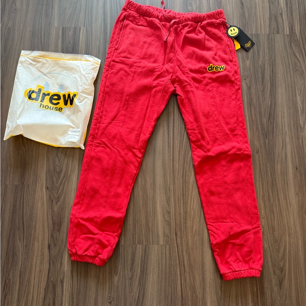 Drew House Mascot Sweatpants Red Joggers Yellow Logo Men’s Size L NWT